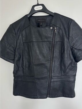 BCBGMaxAzria Black Short-Sleeve Asymmetric Faux Leather Jacket